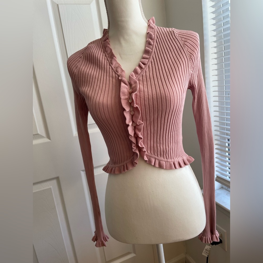 Frill Trim Button Front Rib-Knit Cardigan | Women's | Size: Large